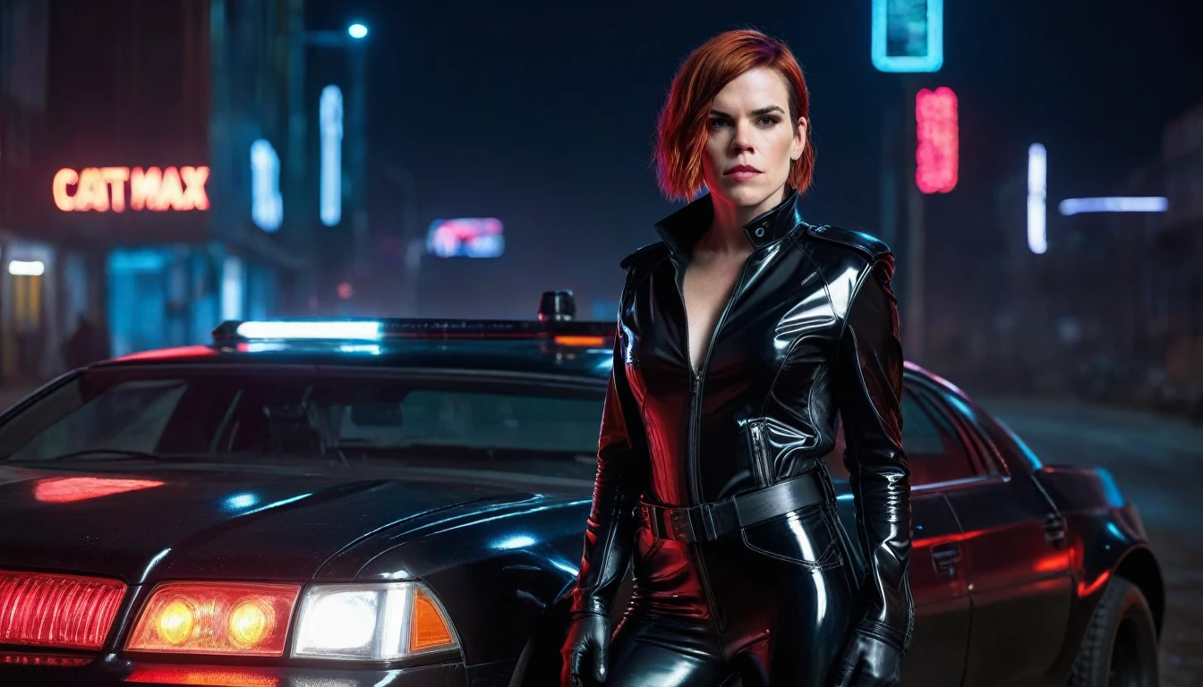 realistic photo , cyberpunk police Clea Duvall with red hair and standing , wearing black low-cut shinny pvc catsuit , shinny pvc jacket , wearing long shiny pvc gloves , wearing shinny pvc thigh high boots , in cyberpunk city at night , next to mad max police car , inlighted with neons