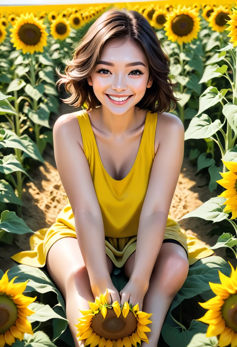 Woman sitting happy in a landscape of sunflowers showing her toenails and hands