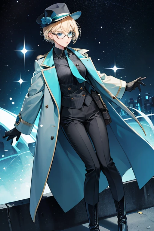 she has short, light blond hair and greenish-blue eyes. sHe wears a long blue overcoat with a matching hat, a black shirt and tie, and black pants, gloves, and boots; she also wears glasses.  SPARKLE; GLITTER