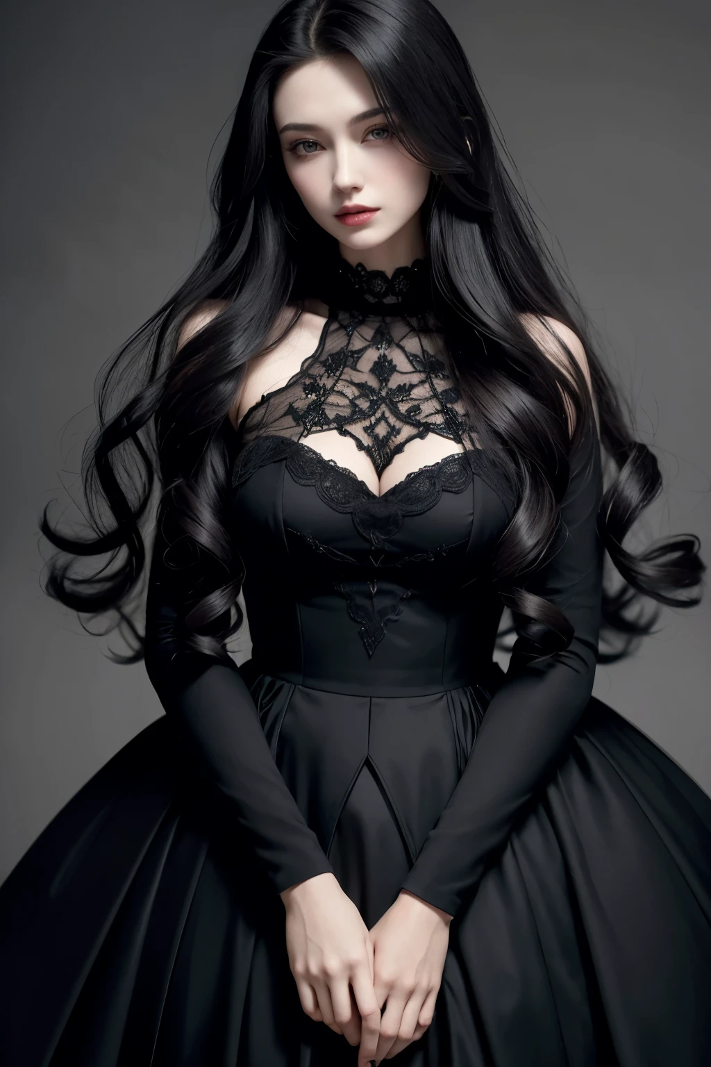 ((best qualityer)), ((work of art)), (detailded), 1 girl, long black dress and coat,dark, wavy hair and pale skin,1 man perfectly combed back and dark hair ,with a formal suit,embracing her with a dark aura around them
