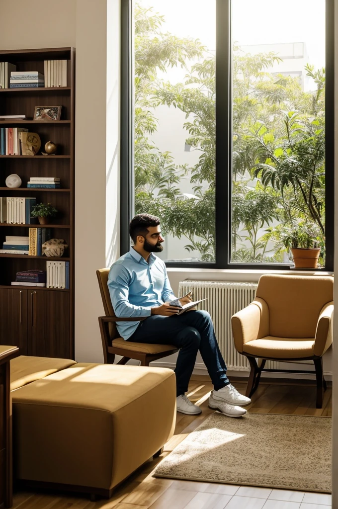 raduzir textos com a câmera
Image of people in a therapy session in an office: Inside a cozy office, two people are sitting in comfortable armchairs, in front of a large window that reveals a peaceful garden with colorful flowers swaying gently in the wind. Soft late afternoon light fills the space, creating a welcoming and relaxing atmosphere. The therapist, attentive and empathetic, listens attentively as his patient shares his reflections. Books on psychology and spirituality discreetly decorate the shelves, evoking an atmosphere of healing and introspection. with therapyta feminina