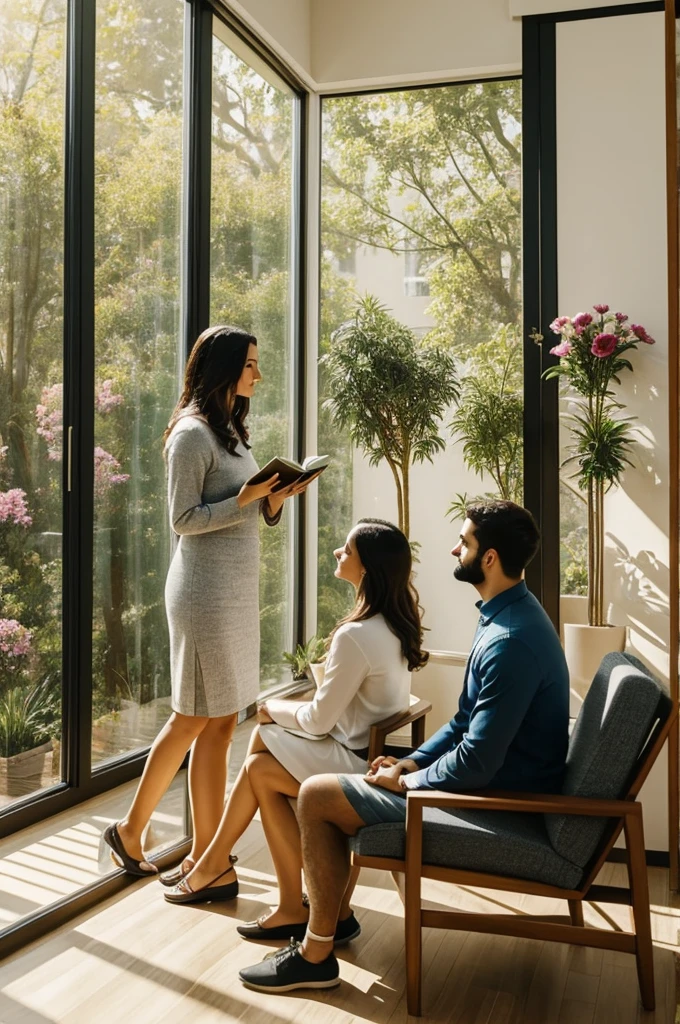 raduzir textos com a câmera
Image of people in a therapy session in an office: Inside a cozy office, two people are sitting in comfortable armchairs, in front of a large window that reveals a peaceful garden with colorful flowers swaying gently in the wind. Soft late afternoon light fills the space, creating a welcoming and relaxing atmosphere. The therapist, attentive and empathetic, listens attentively as his patient shares his reflections. Books on psychology and spirituality discreetly decorate the shelves, evoking an atmosphere of healing and introspection. with therapyta feminina 