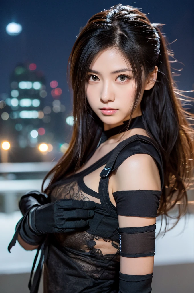 ((Ninja 1.3)),After the battle,(Torn Costume),Photo Real, whole body,mask, or period,Background Sen, Highest quality, Ultra-high resolution, depth, pastel colour, Natural Shading、Long Hair, Black Hair, Brown, narrow eyes, Black Dress, gloves, Anatomically correct,night,city