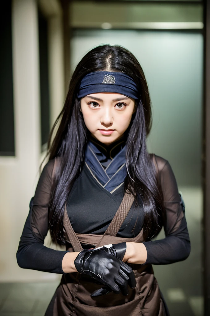 ((Ninja 1.3)),After the battle,(Torn Costume),Photo Real, whole body,mask, or period,Background Sen, Highest quality, Ultra-high resolution, depth, pastel colour, Natural Shading、Long Hair, Black Hair, Brown, narrow eyes, Black Dress, gloves, Anatomically correct,night,city
