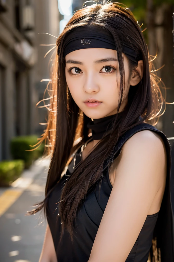 ((Ninja 1.3)),After the battle,(Torn Costume),Photo Real, whole body,mask, or period,Background Sen, Highest quality, Ultra-high resolution, depth, pastel colour, Natural Shading、Long Hair, Black Hair, Brown, narrow eyes, Black Dress, gloves, Anatomically correct,night,city