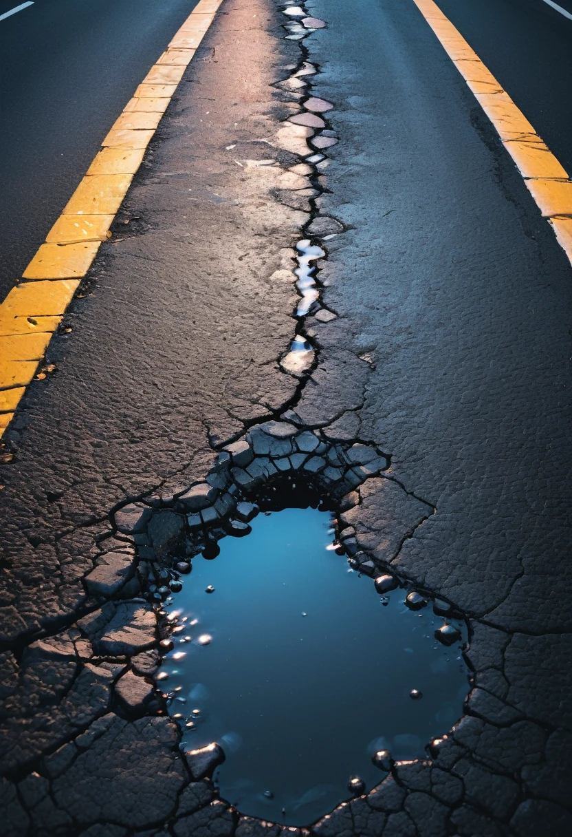 top view close up pothole in the street, the rough texture of the asphalt is visible from above. This photograph captures the intricate imperfections of the surface below. Despite its simple subject, the high-definition clarity and contrast of the shot elevate it to a striking piece of art. The rich tones and sharp details draw the viewer in, turning a mundane sight into a captivating visual experience. Created Using: digital photography, neon glow, cinematic lighting, high contrast, street photography, wide-angle lens, day photography, urban art style, hd quality, natural look --ar 16:9 --v 6.0