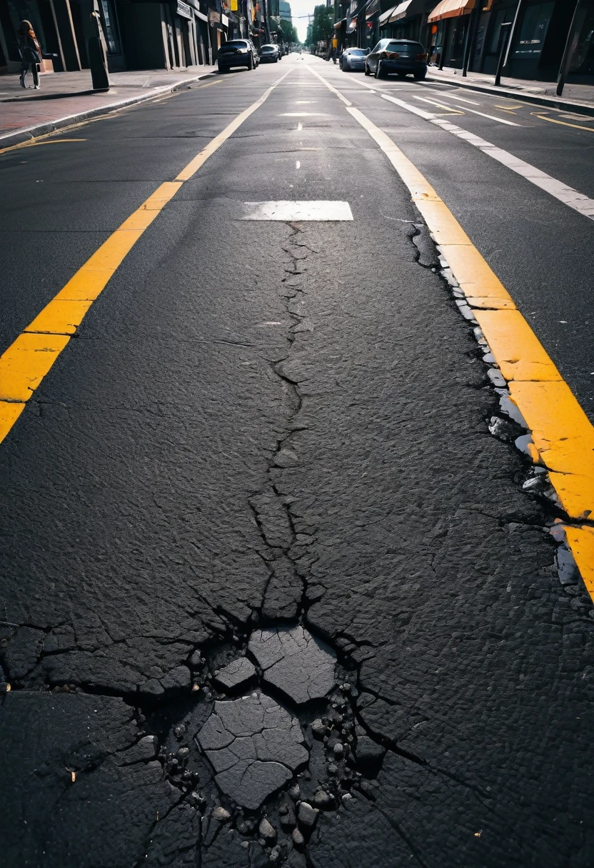 top view close up pothole in the street, the rough texture of the asphalt is visible from above. This photograph captures the intricate imperfections of the surface below. Despite its simple subject, the high-definition clarity and contrast of the shot elevate it to a striking piece of art. The rich tones and sharp details draw the viewer in, turning a mundane sight into a captivating visual experience. Created Using: digital photography, neon glow, cinematic lighting, high contrast, street photography, wide-angle lens, day photography, urban art style, hd quality, natural look --ar 16:9 --v 6.0