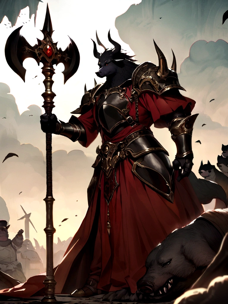 Pig demon，Pig and dog monsters，fatness，Dressed in armor，Red robe，He had a long axe in his hand