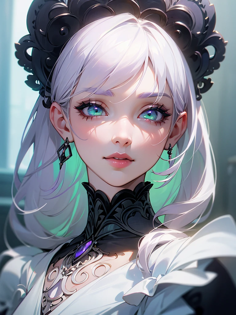 A detailed with white hair, green eyes with purple, black shoes, pale skin, height 1,76 m, Beautiful detailed eyes, beautiful detailed lips, extremely detailed eyes and face, long eyelashes, high quality, 8k, hyperrealistic, photorealistic, ultra detailed. , Masterpiece, intricate details, vibrant colors, soft lighting, cinematographic, anime style,He is talking to his friends,laughing