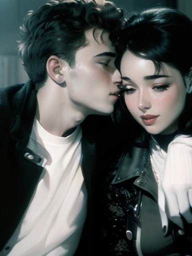 arafed image of a man and a woman kissing each other, instagram picture, iconic scene, they are close to each other, ansel ], kissing together cutely, cute scene, gay, 1 9 5 5, 1955, wonderful scene, james dean, from a movie scene, instagram photo, cute boys, vintage movie shot, by Stan Galli
