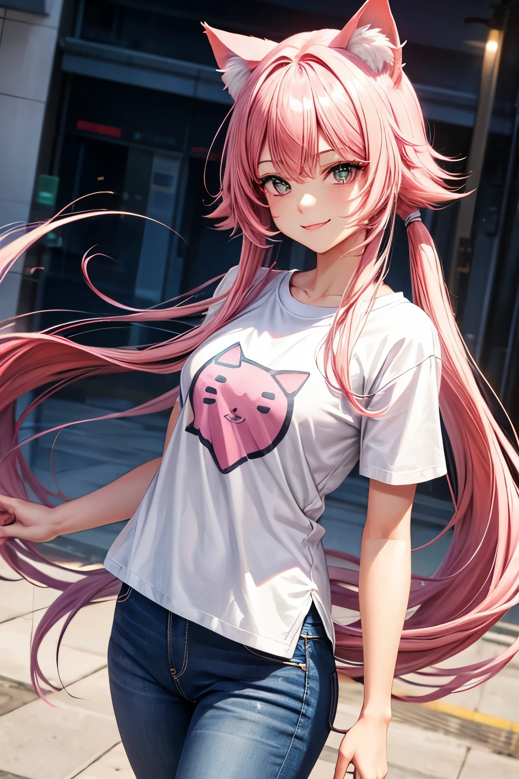 Top quality, High resolution, Perfect human structure, Cat ears, Front view, Glossy hair, Pink hair, Twin-tail, Urban, Gradient eyes, Sleek bangs, Frontal angle, T-shirt, Jeans, Smile
