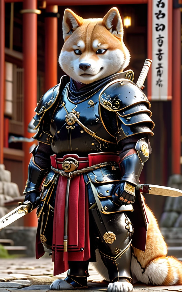 Shiba Inu Samurai,whole body, He has a Japanese sword charged with lightning., Wearing black Japanese armor and hakama haori, Japanese temple background, High resolution, masterpiece, Highest quality, Very detailed, Very detailed, Ultra-realistic,
Japan style, 3D Fluffy, Cute and adorable close-ups, Cute big round reflective eyes, Long fuzzy fur, Pixar Rendering, unreal engine Cinematic smooth, Exquisite detail, Cinematic
