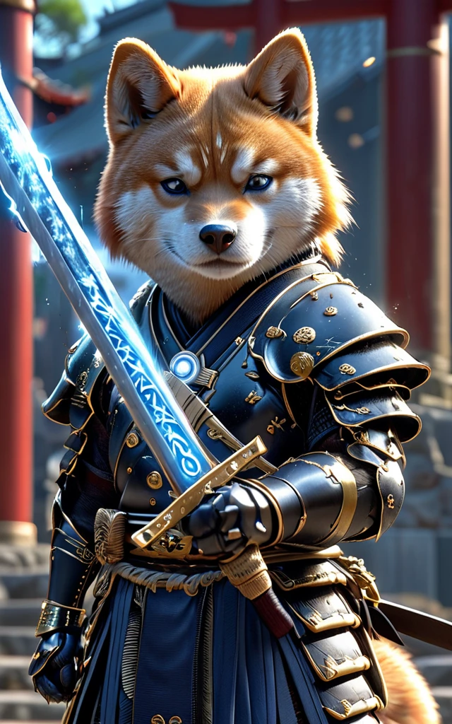 Shiba Inu Samurai,whole body, He has a Japanese sword charged with lightning., Wearing black Japanese armor and hakama haori, Japanese temple background, High resolution, masterpiece, Highest quality, Very detailed, Very detailed, Ultra-realistic,
Japan style, 3D Fluffy, Cute and adorable close-ups, Cute big round reflective eyes, Long fuzzy fur, Pixar Rendering, unreal engine Cinematic smooth, Exquisite detail, Cinematic