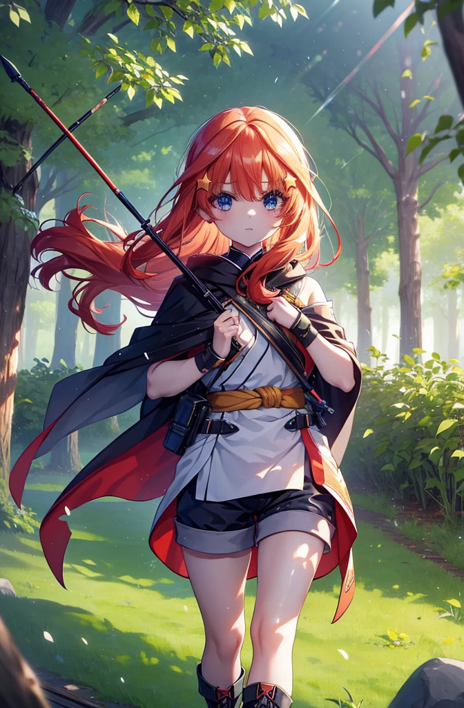 itsukinakano, itsuki nakano, bangs, blue eyes, Hair between the eyes, Redhead, star \(symbol\), hair ornaments, star hair ornaments,Long Hair,Carrying an archery bag,He has a quiver on one side, boots, Cape,gloves, red Knee socks, High heels, Shorts, Knee socks,whole bodyがイラストの中に入っていくように,歩いている
break outdoors, forest,forest林, break looking at viewer,whole body, 
break (masterpiece:1.2), Highest quality, High resolution, unity 8k wallpaper, (shape:0.8), (Fine and beautiful eyes:1.6), Highly detailed face, Perfect lighting, Highly detailed CG, (Perfect hands, Perfect Anatomy),