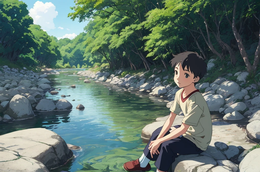close photograph of a boy sitting beside a river, sunny day studio ghibli style,
