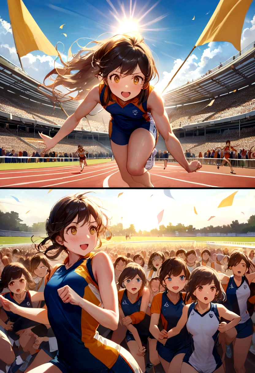 In this first comic, We are transported to the thrilling atmosphere of the stadium.. The race track unfolds before your eyes, surrounded by stands full of excited spectators. The sky is clear, The sun is casting a golden light over the landscape. In the center of the image, I see young female athletes with focus and determination., Muscles are tense, And she's in the lead position, Staring at the horizon. Sports uniforms and running shoes are reproduced in vivid detail and with a high level of realism. The surrounding crowd is trembling with excitement., With excited faces and cheering flags, Capturing the texture of the track and the expressions of the athletes, It invites us into the exciting world of athletics.