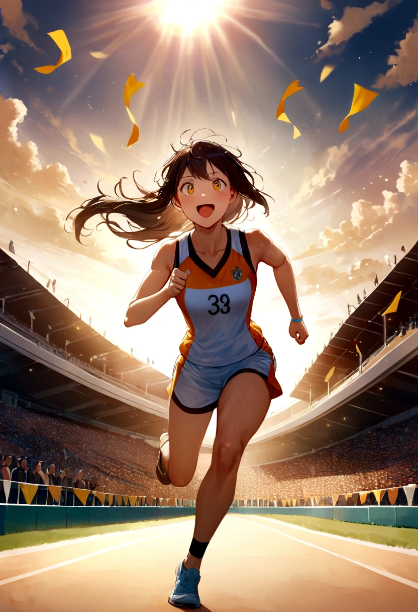 In this first comic, We are transported to the thrilling atmosphere of the stadium.. The race track unfolds before your eyes, surrounded by stands full of excited spectators. The sky is clear, The sun is casting a golden light over the landscape. In the center of the image, I see young female athletes with focus and determination., Muscles are tense, And she&#39;s in the lead position, Staring at the horizon. Sports uniforms and running shoes are reproduced in vivid detail and with a high level of realism. The surrounding crowd is trembling with excitement., With excited faces and cheering flags, Capturing the texture of the track and the expressions of the athletes, It invites us into the exciting world of athletics.