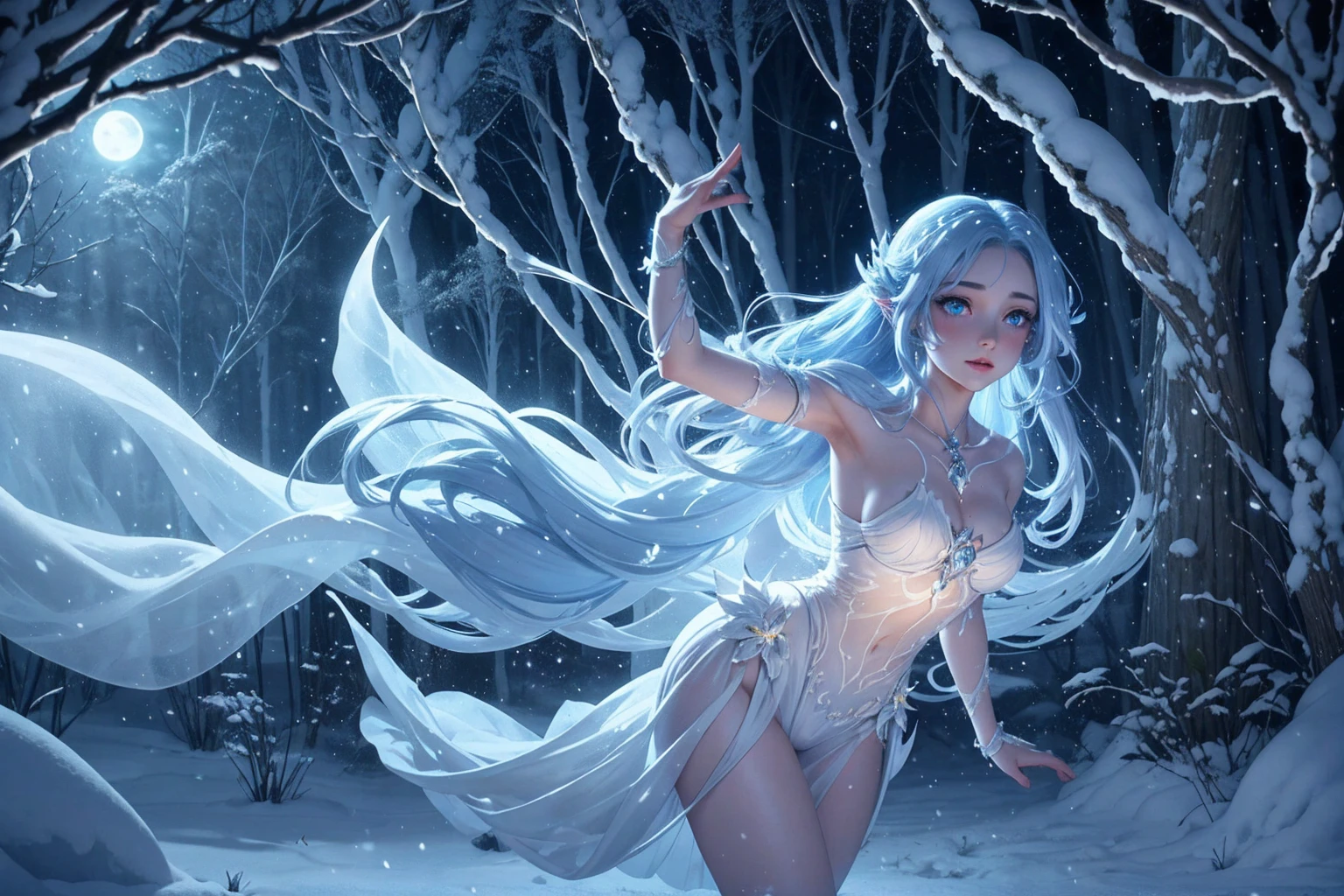 ral-mythcr, a moonlit nymph, a graceful figure that glows with the soft luminescence of the moonlight. beautiful charming eyes. She dances through the night, your ethereal and fluid movements, as she spreads a calming light through a dark environment, enchanted forest covered in snow, shipping,Phantasmagorical Style,