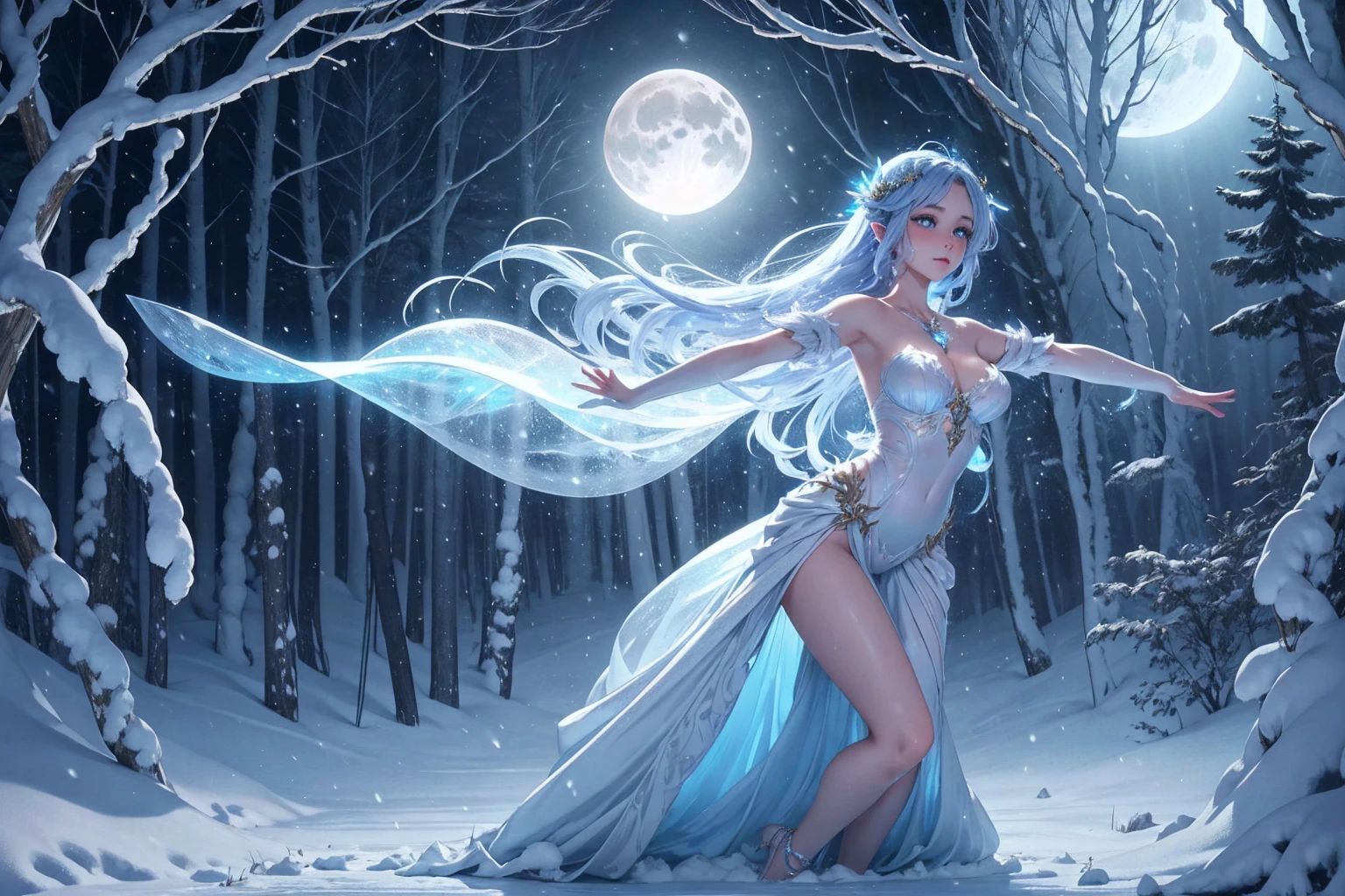 ral-mythcr, a moonlit nymph, a graceful figure that glows with the soft luminescence of the moonlight. beautiful charming eyes. She dances through the night, your ethereal and fluid movements, as she spreads a calming light through a dark environment, enchanted forest covered in snow, shipping,Phantasmagorical Style,
