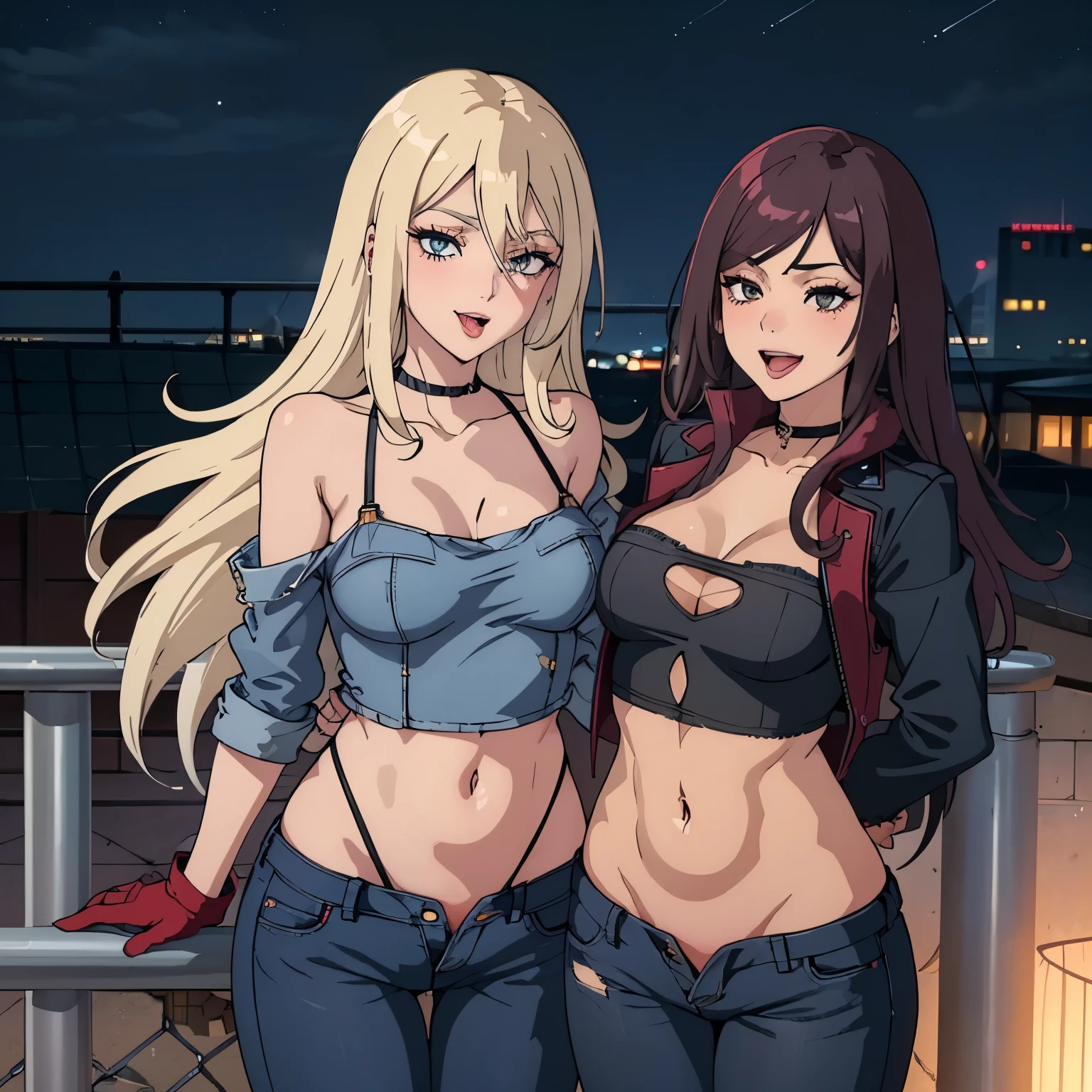 2girl, two girl , evil smile, smile, blush, lipstick, long hair, fur trim, mature female, gloves, fur-trimmed coat, outdoors, rooftop, cityscape, building, railing, night, night sky, scenery, city lights, lipstick, jacket, masterpiece,high quality,4k, bare shoulder,belly,crop top,outdoor,cleavage,jeans,casual dress,street,road,smile, open mouth, (nsfw) not safe for work, holding a gun,handgun, evil expression, exposed belly, exposed navel, exposed midriff, exposed lower belly, crop top overhang, underboob, unbuttoned jeans , low rise black jeans, Low rise jeans, Low rise jeans with open fly, mouth open ,tongue out