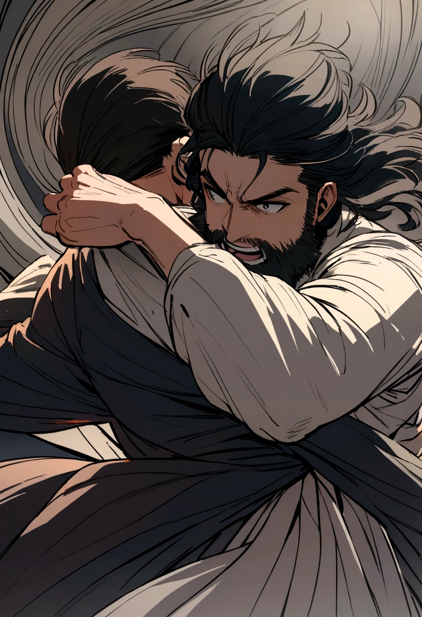 young guy with beard and medium long black hair in a fight