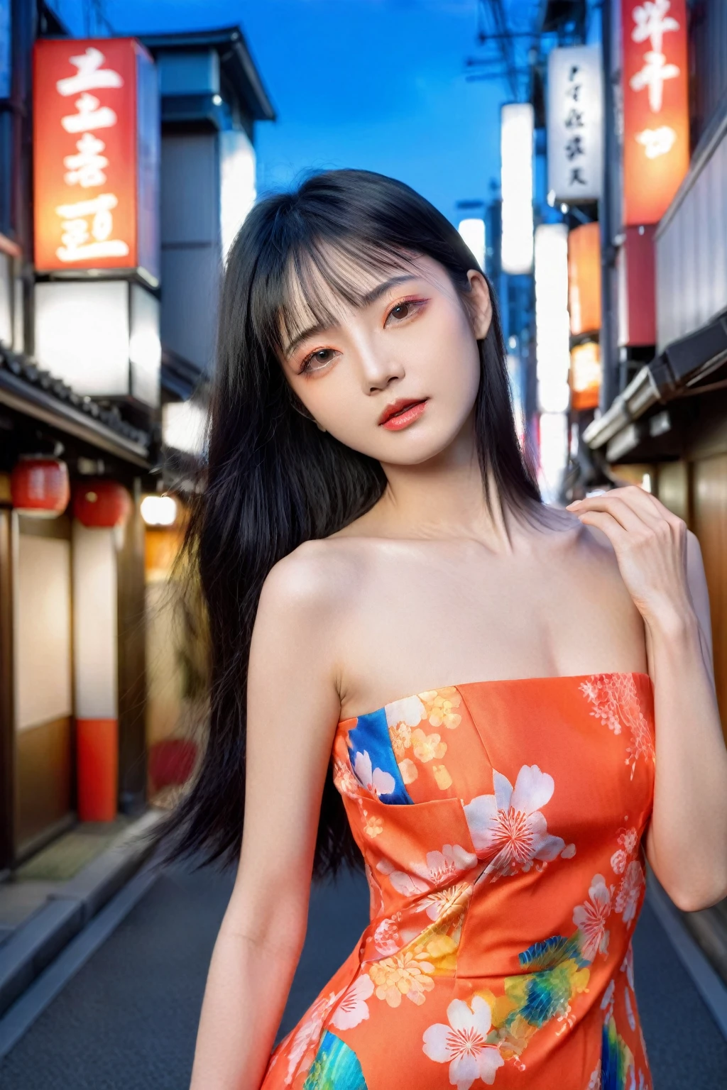 "Create a masterpiece portrait of a Japanese woman with black hair, wearing a vibrant dress. The background should depict Tokyo. The model should have a beautiful face and a model-like physique. Ensure high detail and vivid colors, capturing the essence of modern Tokyo."

