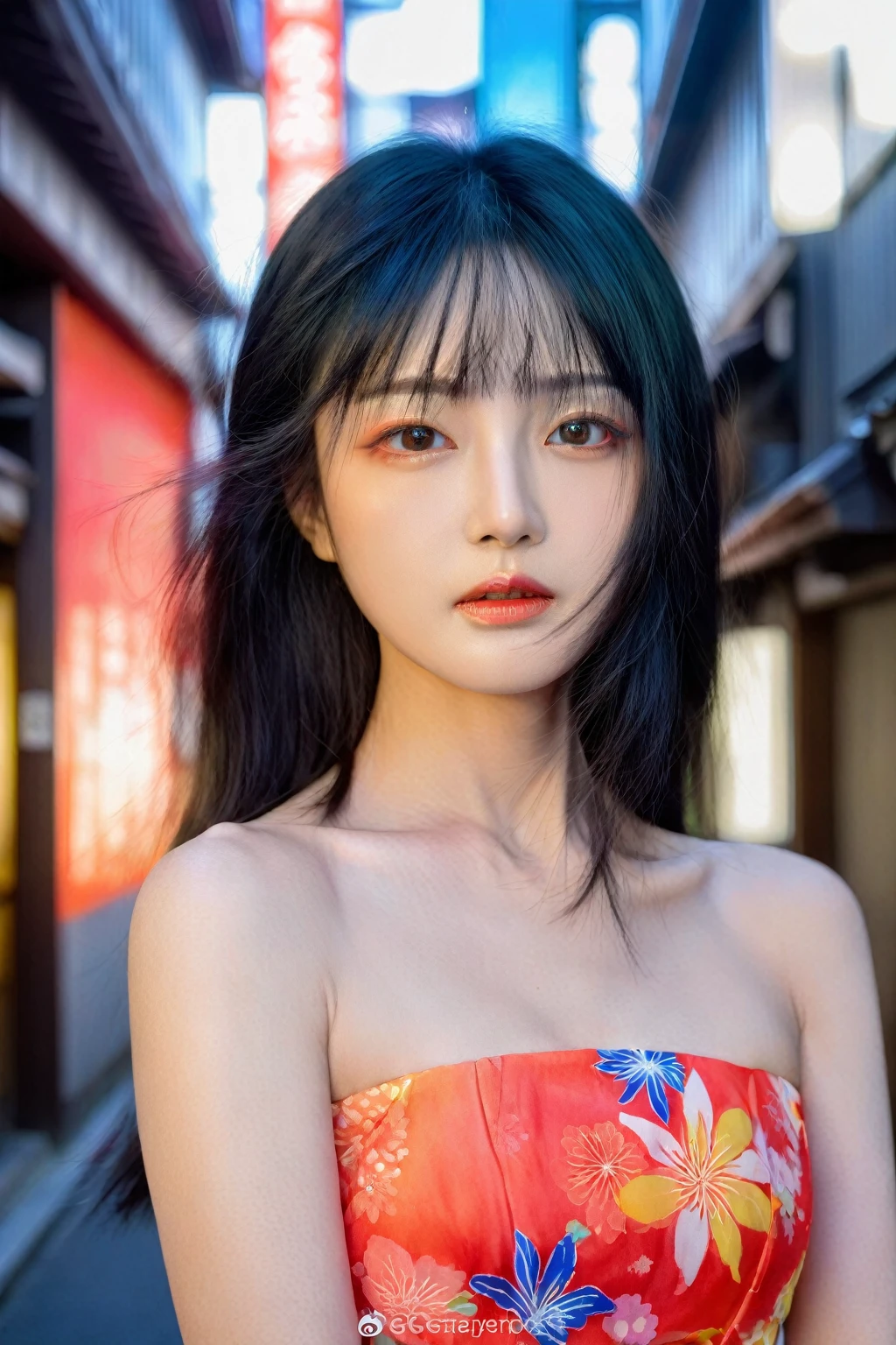 "Create a masterpiece portrait of a Japanese woman with black hair, wearing a vibrant dress. The background should depict Tokyo. The model should have a beautiful face and a model-like physique. Ensure high detail and vivid colors, capturing the essence of modern Tokyo."