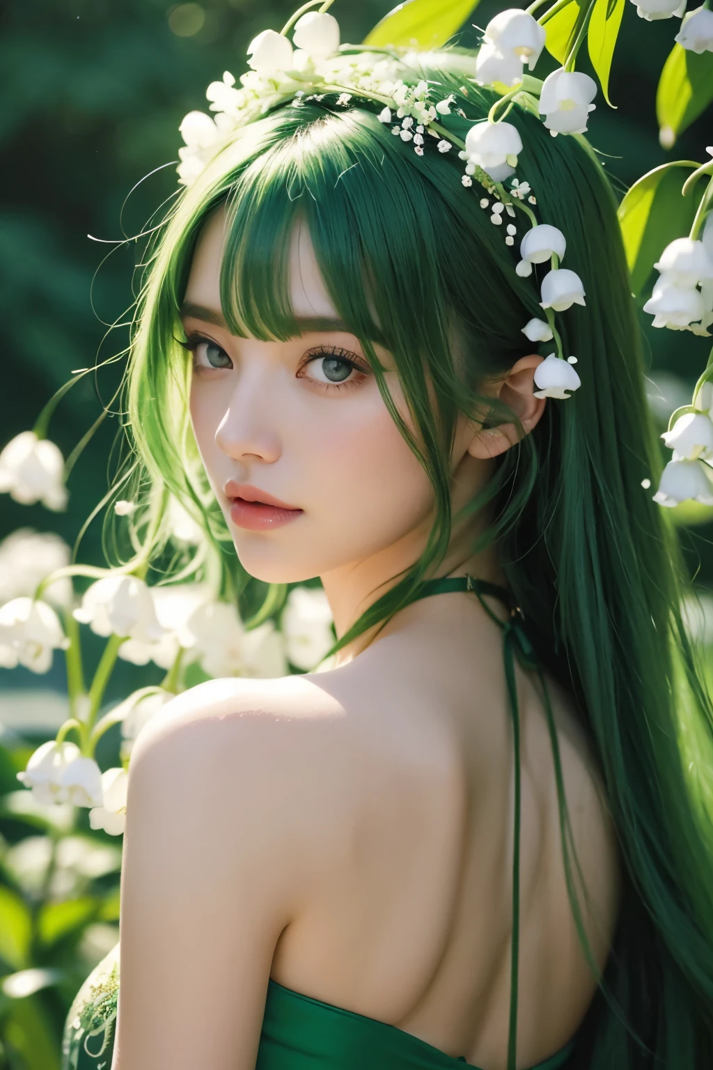 lily of the valley, beautiful green haired woman, dew covered flowers, Elegance,