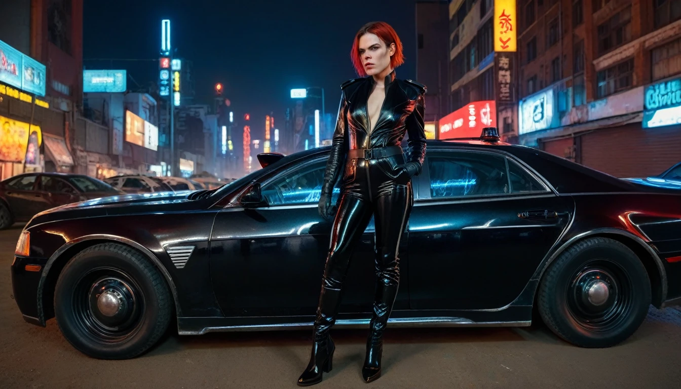 realistic photo , cyberpunk police Clea Duvall with red hair and standing , wearing black low-cut shinny pvc catsuit , shinny pvc jacket , wearing long shiny pvc gloves , wearing shinny pvc thigh high boots , in cyberpunk city at night , next to mad max police car , inlighted with neons