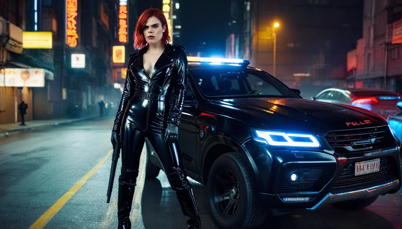 realistic photo , cyberpunk police Clea Duvall with red hair and standing , wearing black low-cut shinny pvc catsuit , shinny pvc jacket , wearing long shiny pvc gloves , wearing shinny pvc thigh high boots , in cyberpunk city at night , next to mad max police car , inlighted with neons