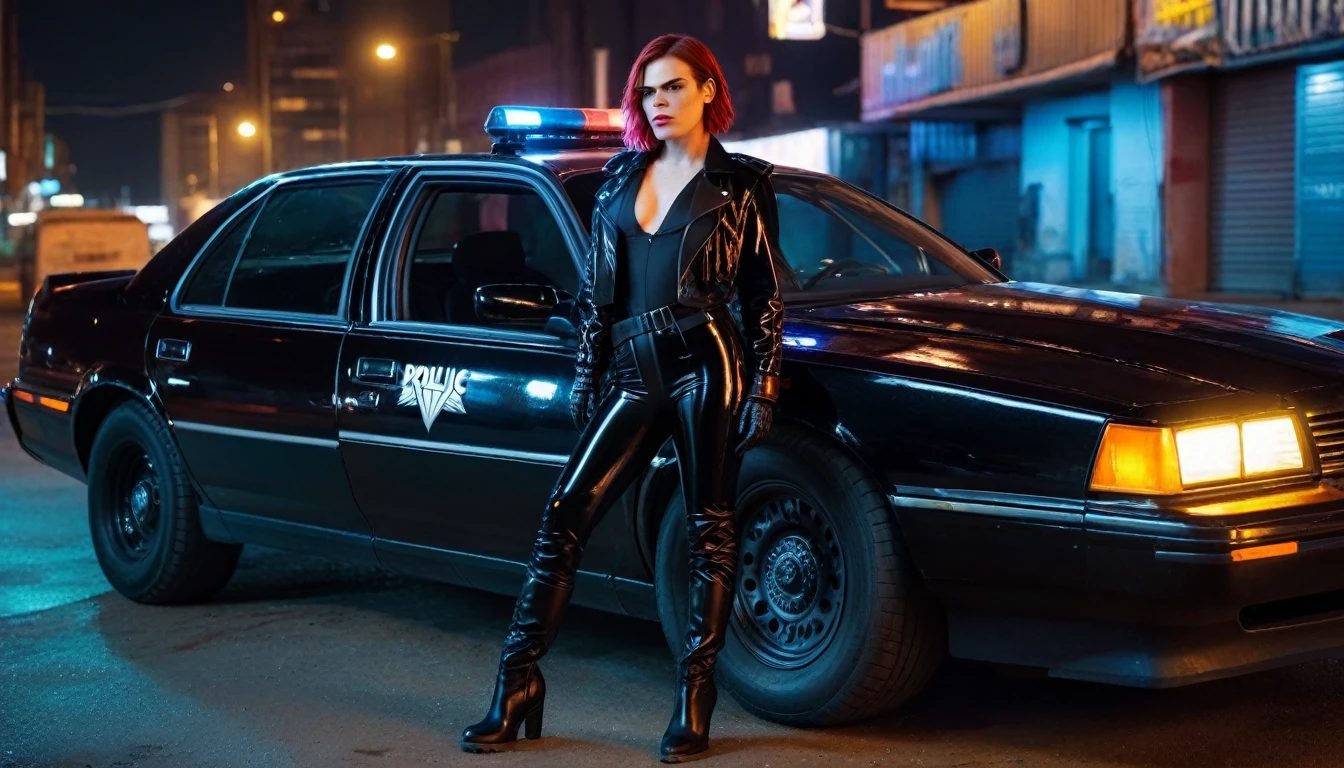 realistic photo , cyberpunk police Clea Duvall with red hair and standing , wearing black low-cut shinny pvc catsuit , shinny pvc jacket , wearing long shiny pvc gloves , wearing shinny pvc thigh high boots , in cyberpunk city at night , next to mad max police car , inlighted with neons