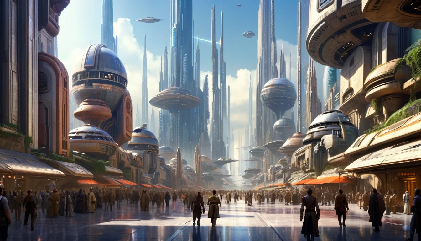 (The city of Coruscant from Star Wars designed by Doug Chiang), futuristic fantasy city with immense technological design buildings (that form an infinite avenue), non-blurred compactor buildings with metallic appearance, lights in windows in buildings, daytime lighting with sun, with spectacular glass structures, (with bright colors). sunny pavement (dull). people walking. well defined image with many buildings together. imagen nitida bien definida 8k. the buildings reach high into the background.,8k. cinematographic image