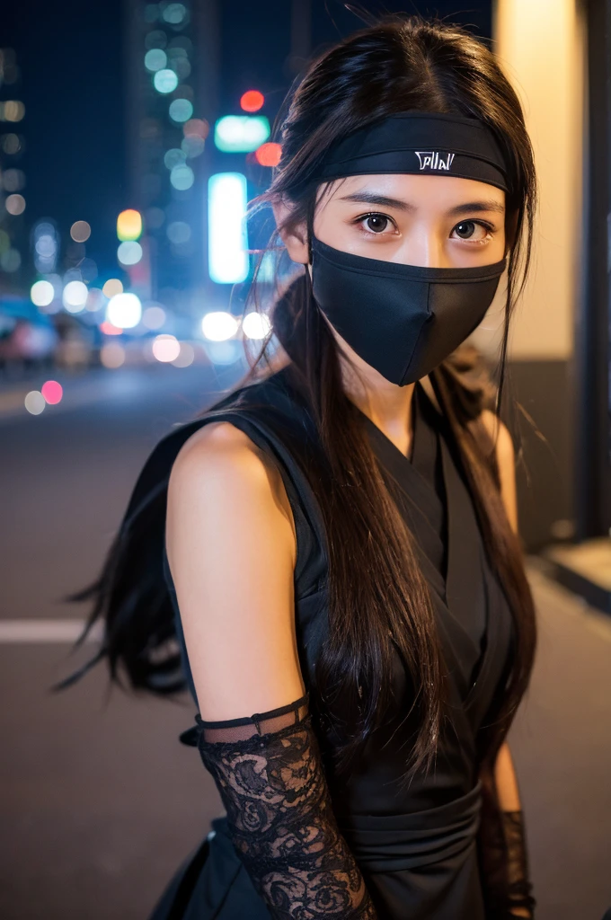 ((Ninja 1.3)),After the battle,(Torn Costume),Photo Real, whole body,mask, or period,Background Sen, Highest quality, Ultra-high resolution, depth, pastel colour, Natural Shading、Long Hair, Black Hair, Brown, narrow eyes, Black Dress, gloves, Anatomically correct,night,city