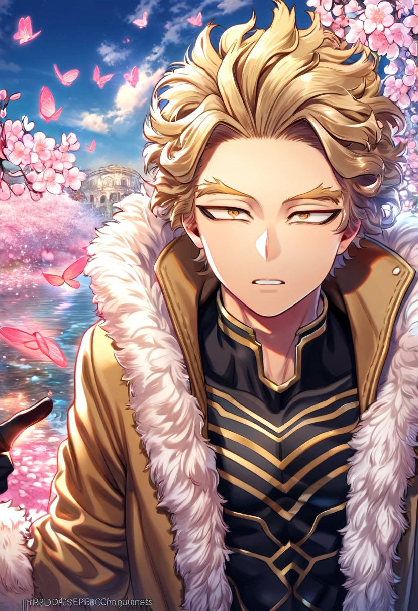absurdres, highres, ultra detailed, HDR, master piece, best quality, Hawks, ash blond hair, expressive brown eyes, boku no hero academia, brown coat with fur, black tight shirt, black gloves, solo, sexy man, handsome, fantasy, shining, water, pink flowers, pink blossoms, pink butterflies, pink petals