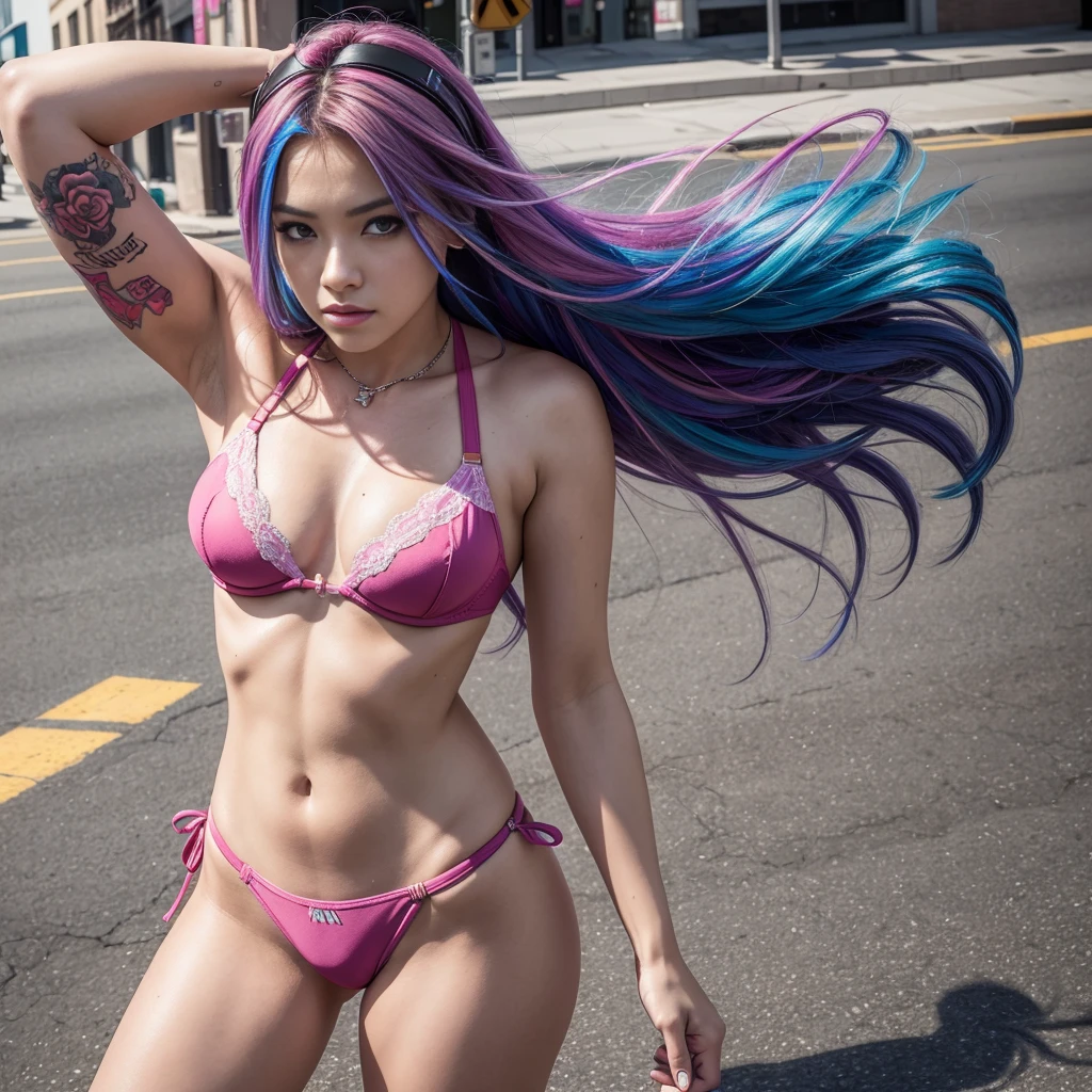 masterpiece, woman 4, dynamic, kpopIDOL, promotional photo, raise hand, shout, kiss, face close, downtown, hustle, impressive eyes, fine skin texture, confident lol, overhead view, strabismus, strabismus, strabismus, high resolution, profoto, street corner, crotch, pink, sheer bra, string bikini, spotlight, rock singer, rainbow hair,, navel, straight hair, hands in pockets, Headphones, Long Hair, Tattoo