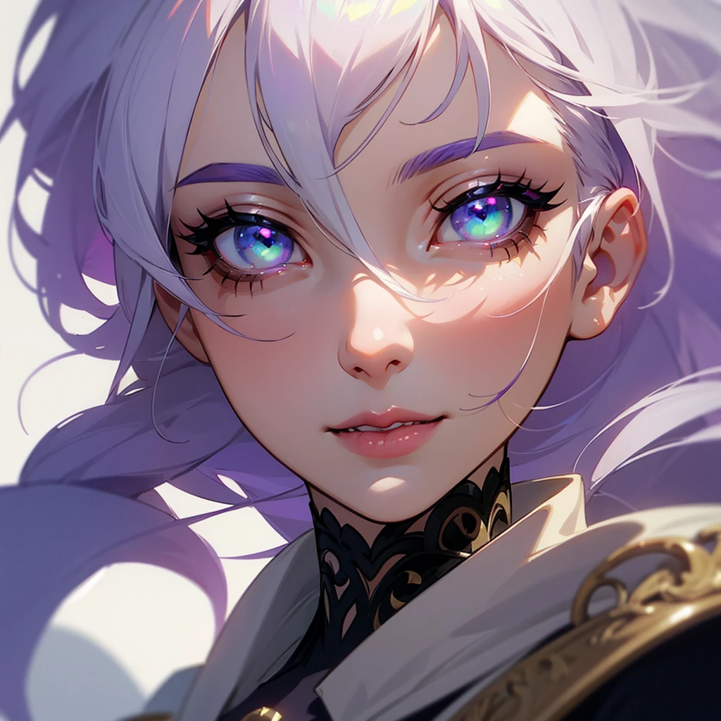 A detailed  with white hair, green eyes with purple, black shoes, pale skin, height 1,76 m, Beautiful detailed eyes, beautiful detailed lips, extremely detailed eyes and face, long eyelashes, high quality, 8k, hyperrealistic, photorealistic, ultra detailed. , Masterpiece, intricate details, vibrant colors, soft lighting, cinematographic, anime style,He is talking to his friends,laughing