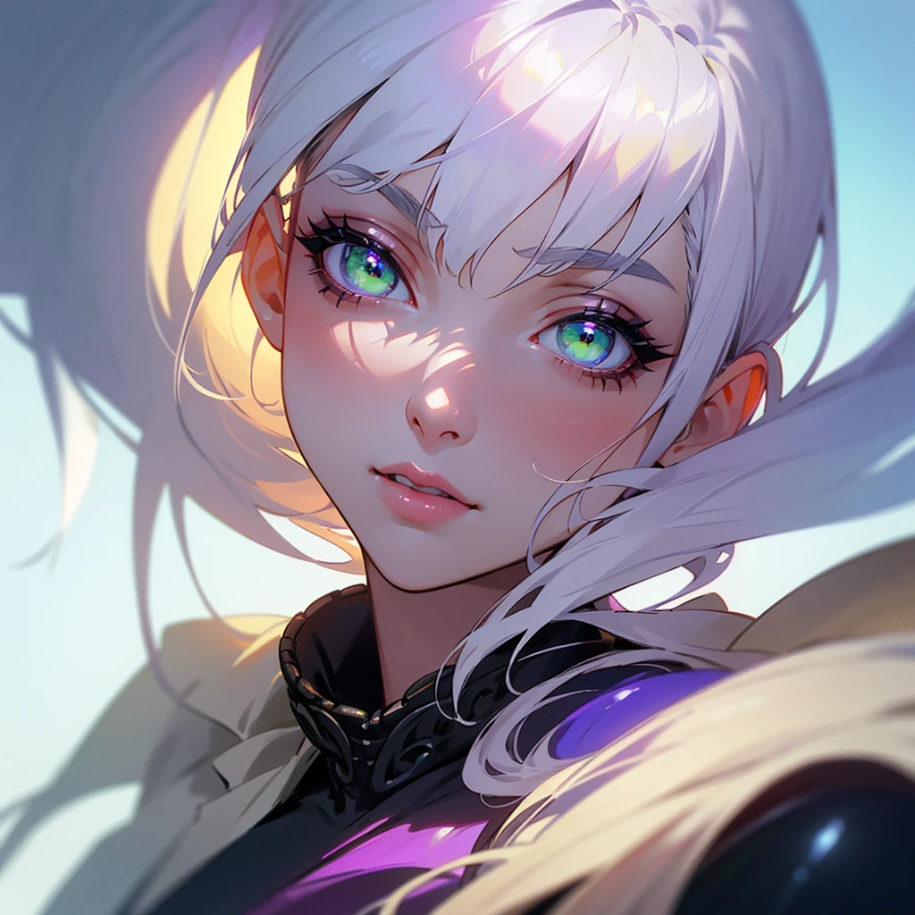 A detailed with white hair, green eyes with purple, black shoes, pale skin, height 1,76 m, Beautiful detailed eyes, beautiful detailed lips, extremely detailed eyes and face, long eyelashes, high quality, 8k, hyperrealistic, photorealistic, ultra detailed. , Masterpiece, intricate details, vibrant colors, soft lighting, cinematographic, anime style,He is talking to his friends,laughing
