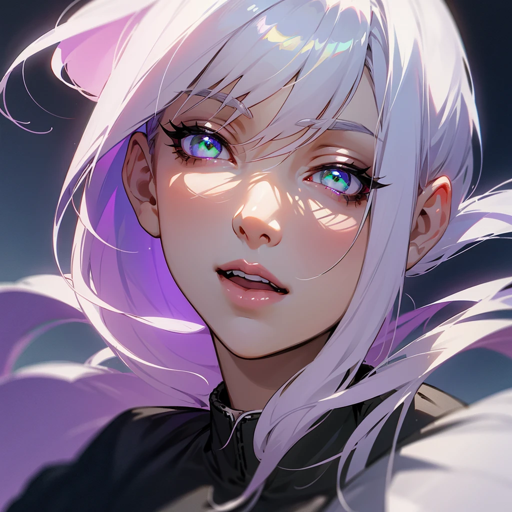 A detailed with white hair, green eyes with purple, black shoes, pale skin, height 1,76 m, Beautiful detailed eyes, beautiful detailed lips, extremely detailed eyes and face, long eyelashes, high quality, 8k, hyperrealistic, photorealistic, ultra detailed. , Masterpiece, intricate details, vibrant colors, soft lighting, cinematographic, anime style,He is talking to his friends,laughing