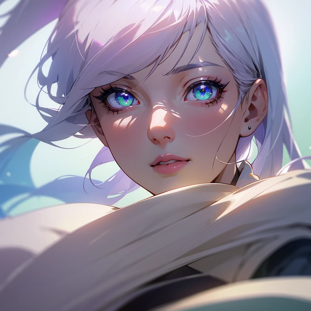 A detailed with white hair, green eyes with purple, black shoes, pale skin, height 1,76 m, Beautiful detailed eyes, beautiful detailed lips, extremely detailed eyes and face, long eyelashes, high quality, 8k, hyperrealistic, photorealistic, ultra detailed. , Masterpiece, intricate details, vibrant colors, soft lighting, cinematographic, anime style,He is talking to his friends,laughing