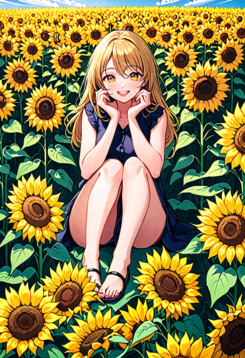 Woman sitting happy in a landscape of sunflowers showing her toenails and hands