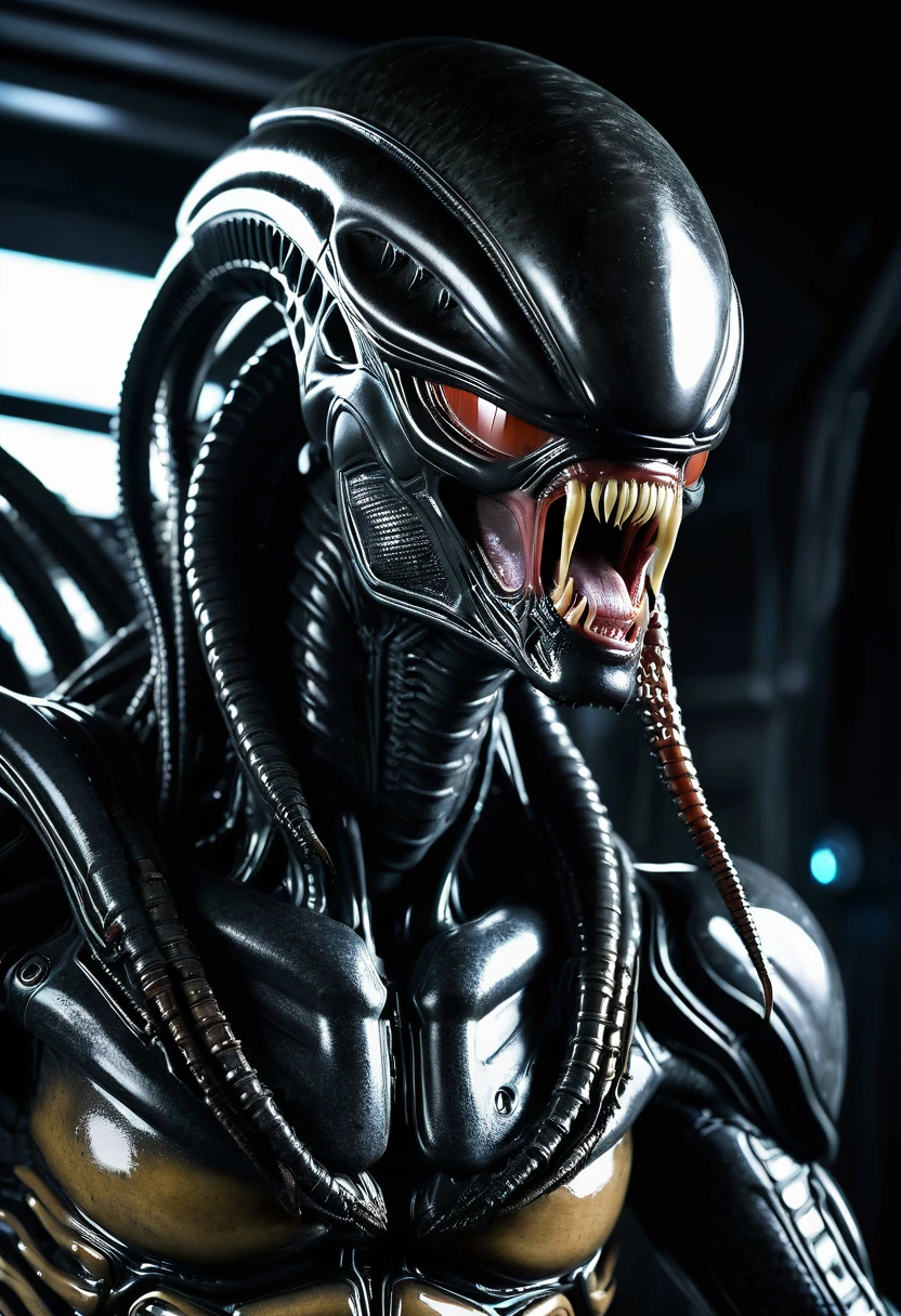 (((Very close up (((Predator fusion Xenomorph Alien the eighth passenger))),(((black color))),(((Front Images))),surreal and cinematographic images Color Splash images))),(((Front Images))),(((dreadlocks)))