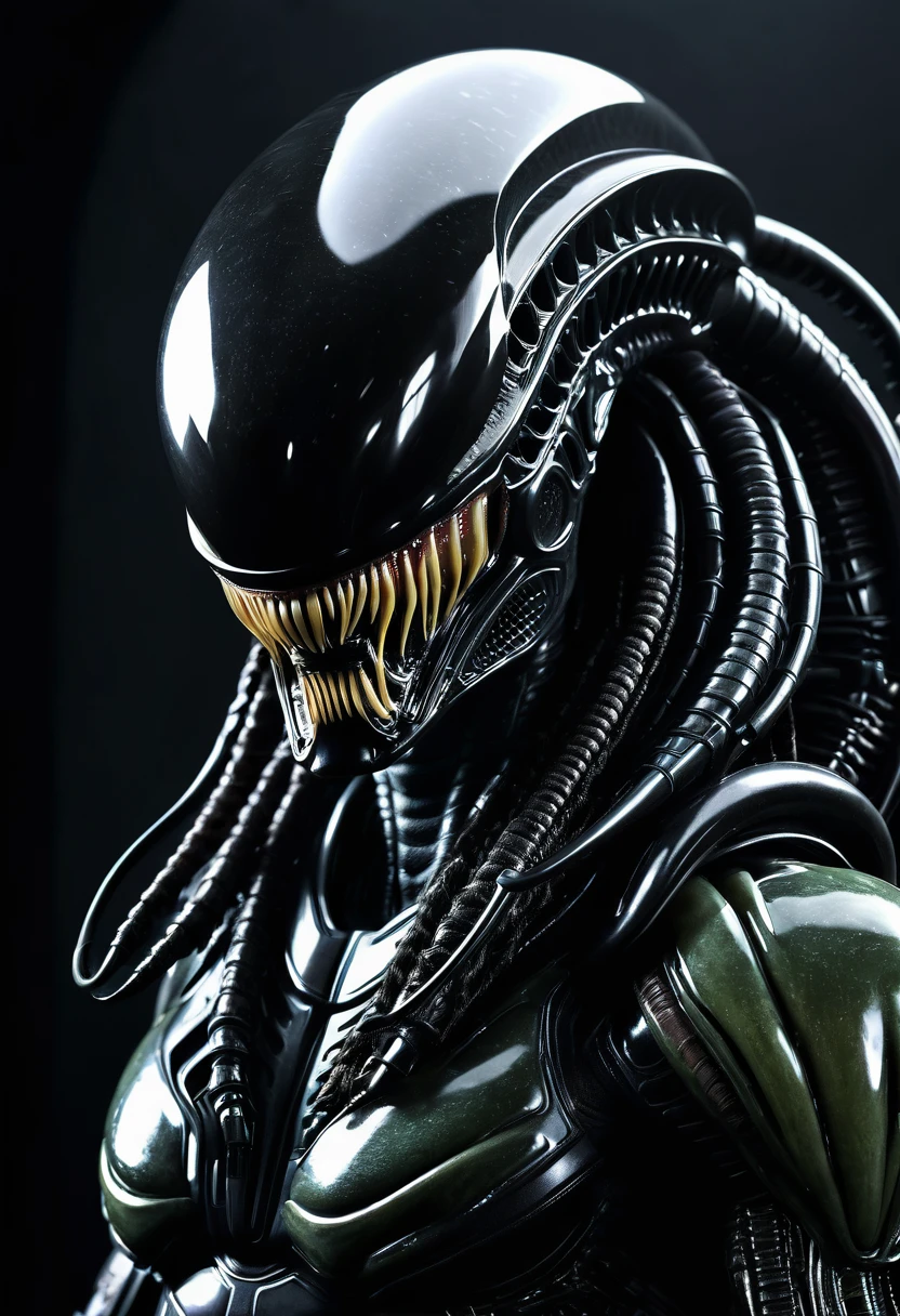 (((Very close up (((Predator fusion Xenomorph Alien the eighth passenger))),(((black color))),(((Front Images))),surreal and cinematographic images Color Splash images))),(((Front Images))),(((dreadlocks)))