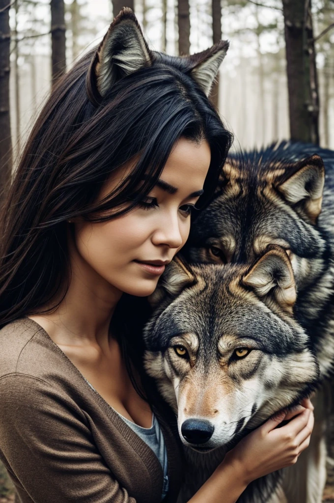 Very calm woman with a wolf
