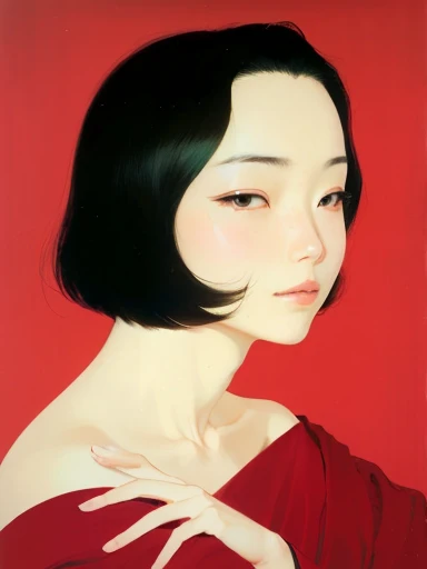 a close up of a woman with a red dress and a black hair, shinsui ito, by Chiho Aoshima, by Shibata Zeshin, by Ikuo Hirayama, by Shinoda Toko, by Otake Chikuha, by Yamagata Hiro, by Yoshio Markino, by Nara Yoshitomo