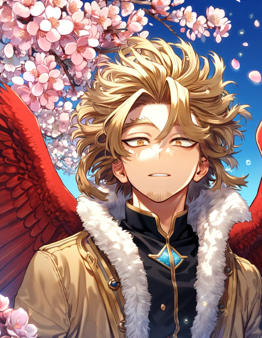 absurdres, highres, ultra detailed, HDR, master piece, Hawks, Takami Keigo, brown-blond hair, expressive brown-golden eyes, red wings, brown coat with fur, faint beard, Boku No Hero Academia, sexy man, handsome, best quality, blossoms, pink petals, pink flowers, water, fantasy, magical, blue shining fireflies, solo, black shirt with patterns, black gloves,