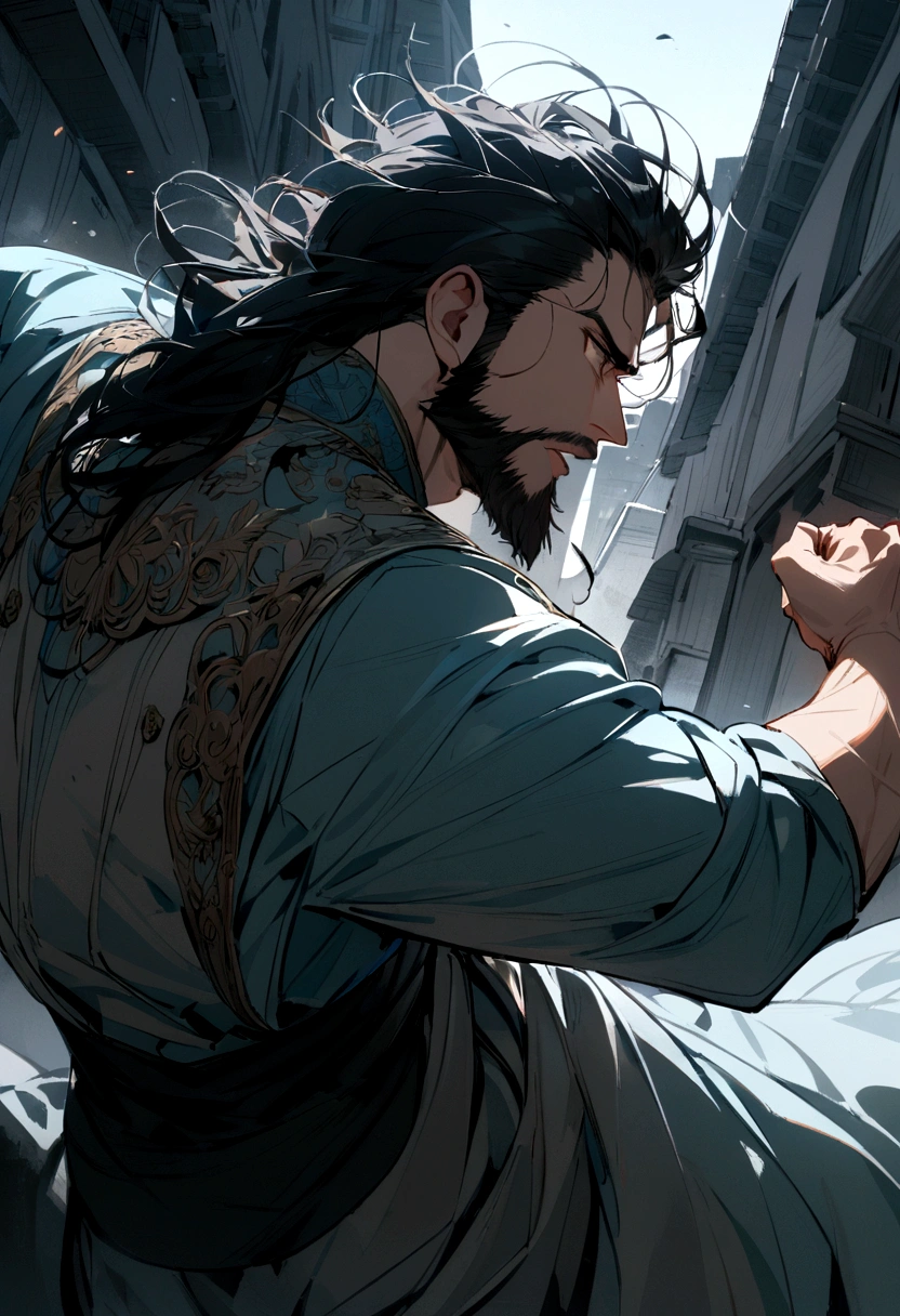 young guy with beard and medium long black hair in a fight