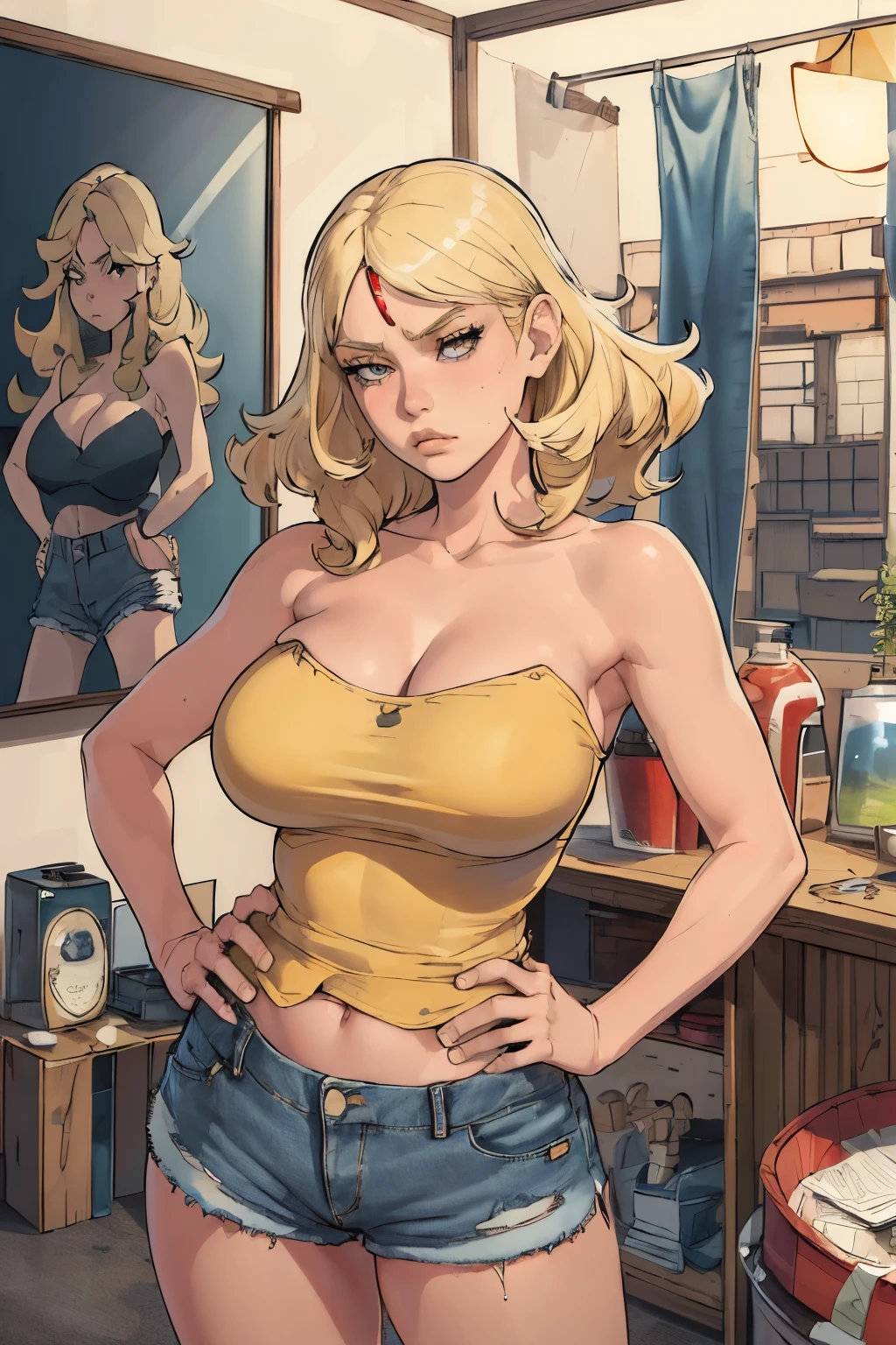 (best qualityer:1.3), (4K quality), Delta, blonde hair, ((face detailed)), ((sad)), (big breasts), ((tube top, denim shorts)), ((room)), cleavage, (bare arms), sleeveless, hands on hips