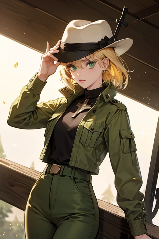 sHe is with blond hair and green eyes. sHe wears a green jacket, brown pants, and a white hat, and is often seen having a rifle slung over her shoulder. sHe also has a cross shaped scar on her left shoulder. SPARKLE; GLITTER