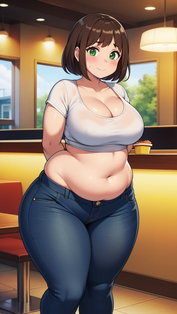 ((highres)), Masterpiece, high quality, best quality, beautiful, perfect lighting, detailed face, ultra cute face, looking at viewer, on a date, ((blush)), affectionate smile, ((1girl)), ((solo)), brown hair, fluffy hair, green eyes, jeans, crop top, tight clothes, fast food restaurant, medium breasts, cleavage, wide hips, ((thick thighs)), ((chubby)), chubby belly, standing, arms behind back, leaned over, cute pose,