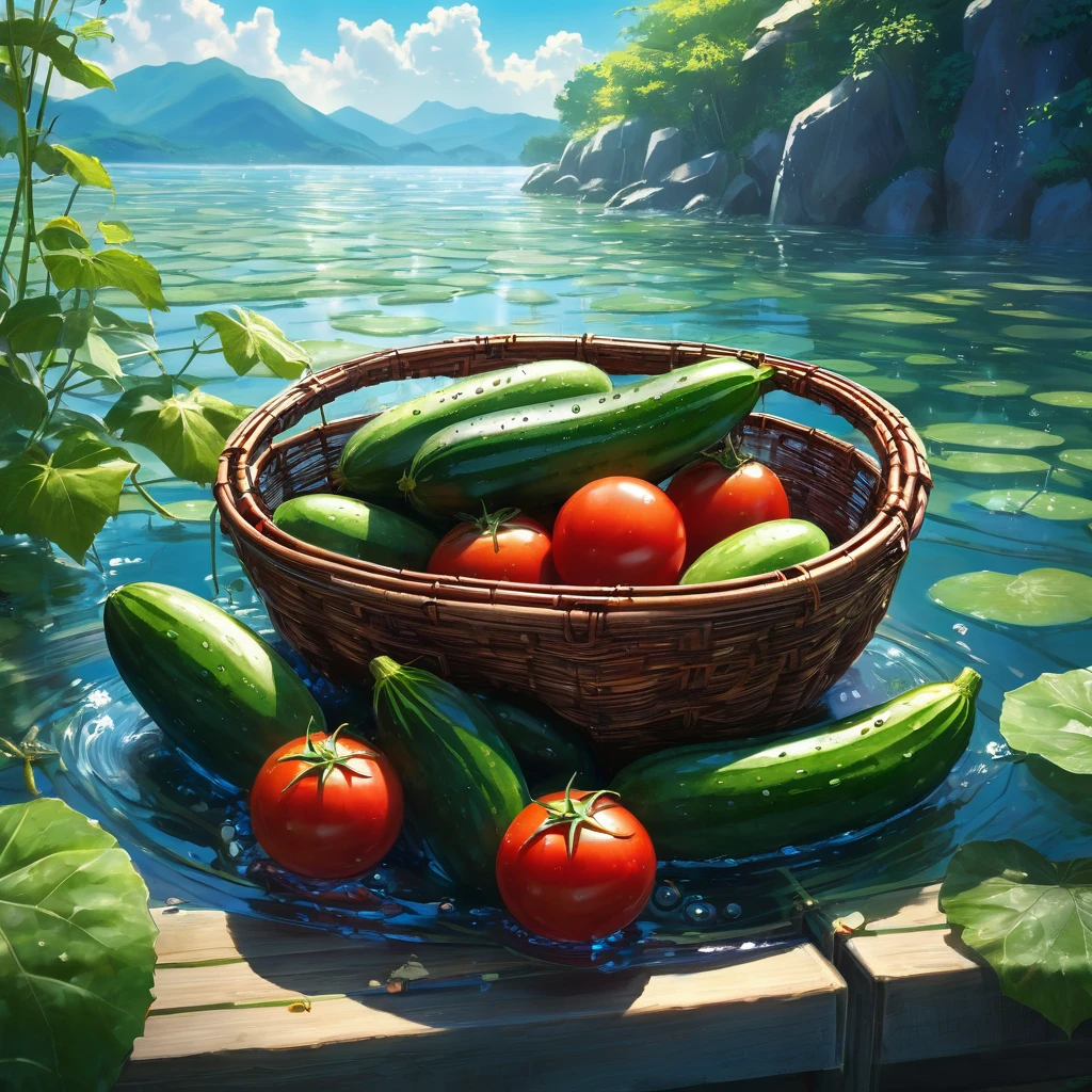 A close-up shot of a weathered bamboo basket, gently bobbing on the surface of crystal-clear water. Sunlight dances on the rippling surface, casting a shimmering net of light and shadow upon the basket and its contents. Three plump, red tomatoes, still damp from the cool water, nestle amongst four vibrant green cucumbers. Crowning the vibrant tableau are four long, deep purple eggplants, their smooth surfaces reflecting the azure sky above. Droplets of water cling to the sides of the vegetables, like tiny, iridescent jewels, catching the light and creating a mesmerizing spectacle of natural beauty. The air is alive with the sound of the gently flowing water and the promise of a delicious, sun-kissed meal. beautiful anime scenery, landscape painting, beautiful digital painting, andreas rocha, illustration of beautiful artwork, amazing wallpaper, raymond swanland, tall beautiful painting, studio ghibli makoto shinkai, beautiful wallpaper, anime scenery refreshing, nostalgic, summer, japan, nature, no humans simple, minimalist, close-up, 3 tomatoes, 4 cucumbers, 4 eggplants, floating basket, crystal clear water